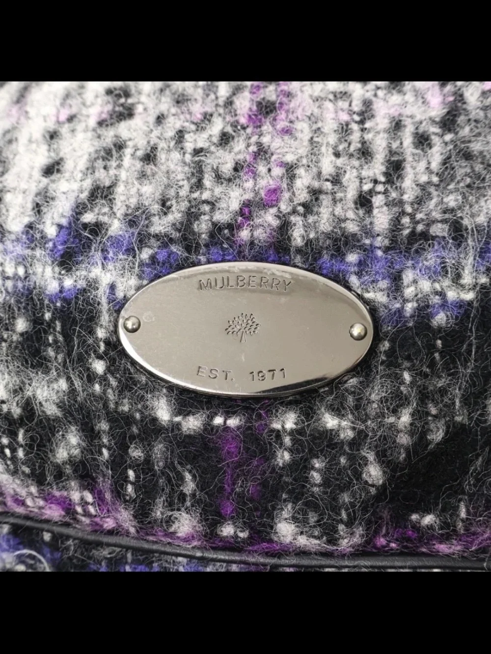 Mulberry Gray & Purple Plaid Wool Tote with Black Leather Trim